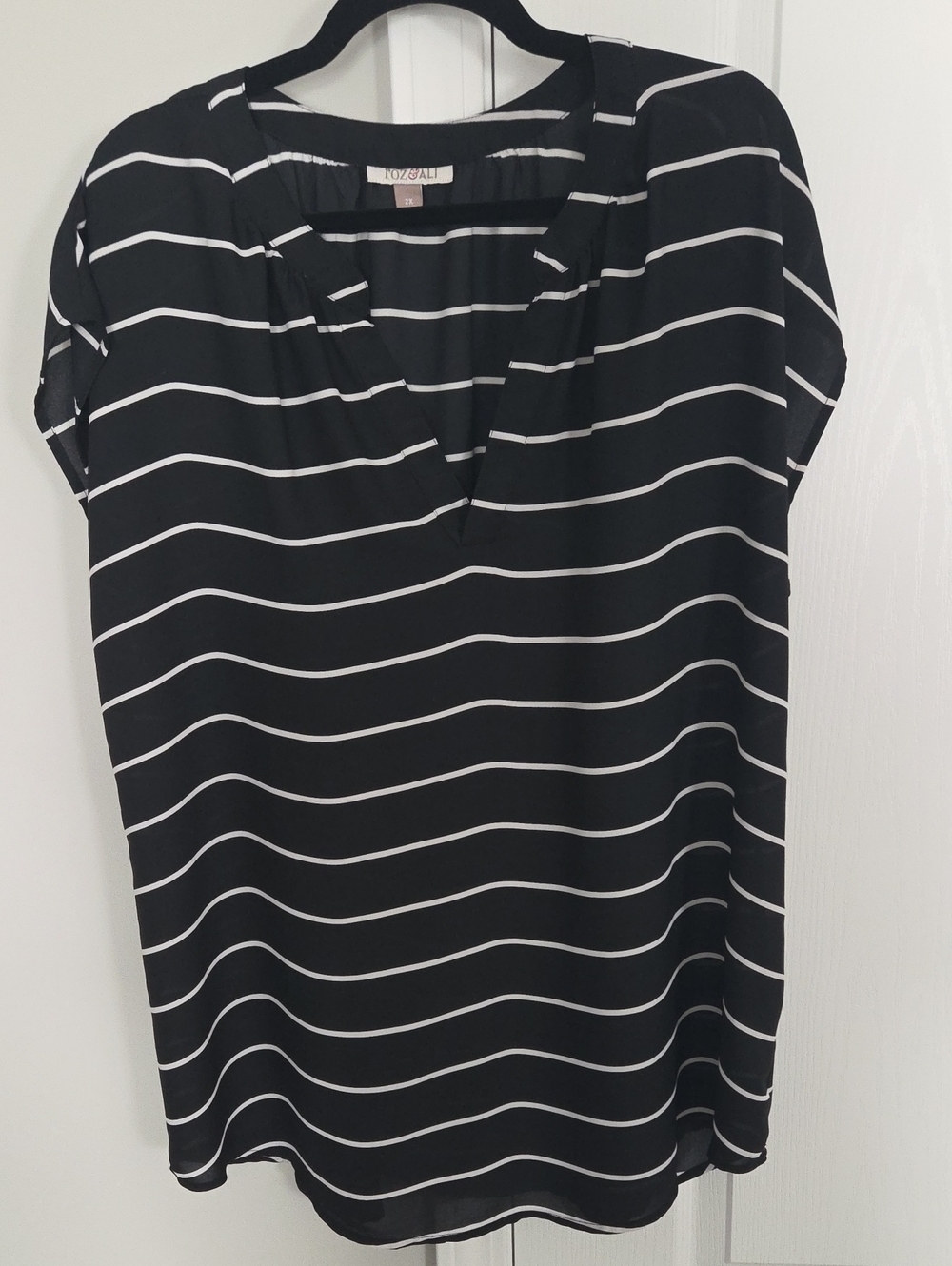 Roz & Ali Black and White Striped V-Neck Short Sleeve Blouse